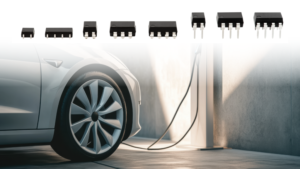 Close-up of an electric car wheel at a charging station, with various electronic components like Solid State Relays displayed above, highlighting the link between modern automotive technology and advanced electronics. by Standex Detect