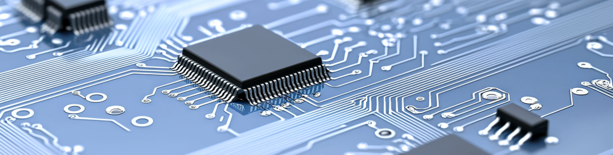 Close-up of a blue printed circuit board with multiple microchips and intricate white circuit lines, highlighting advanced Test and Measurement components connecting various electronic elements. by Standex Detect