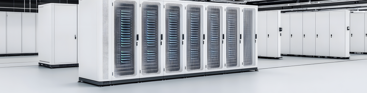 A modern data center room with rows of white server racks filled with computing servers, illuminated by blue lights, on a clean, bright floor and ceiling lined with cables and ventilation ducts. Data centers like this power today's digital world. by Standex Detect