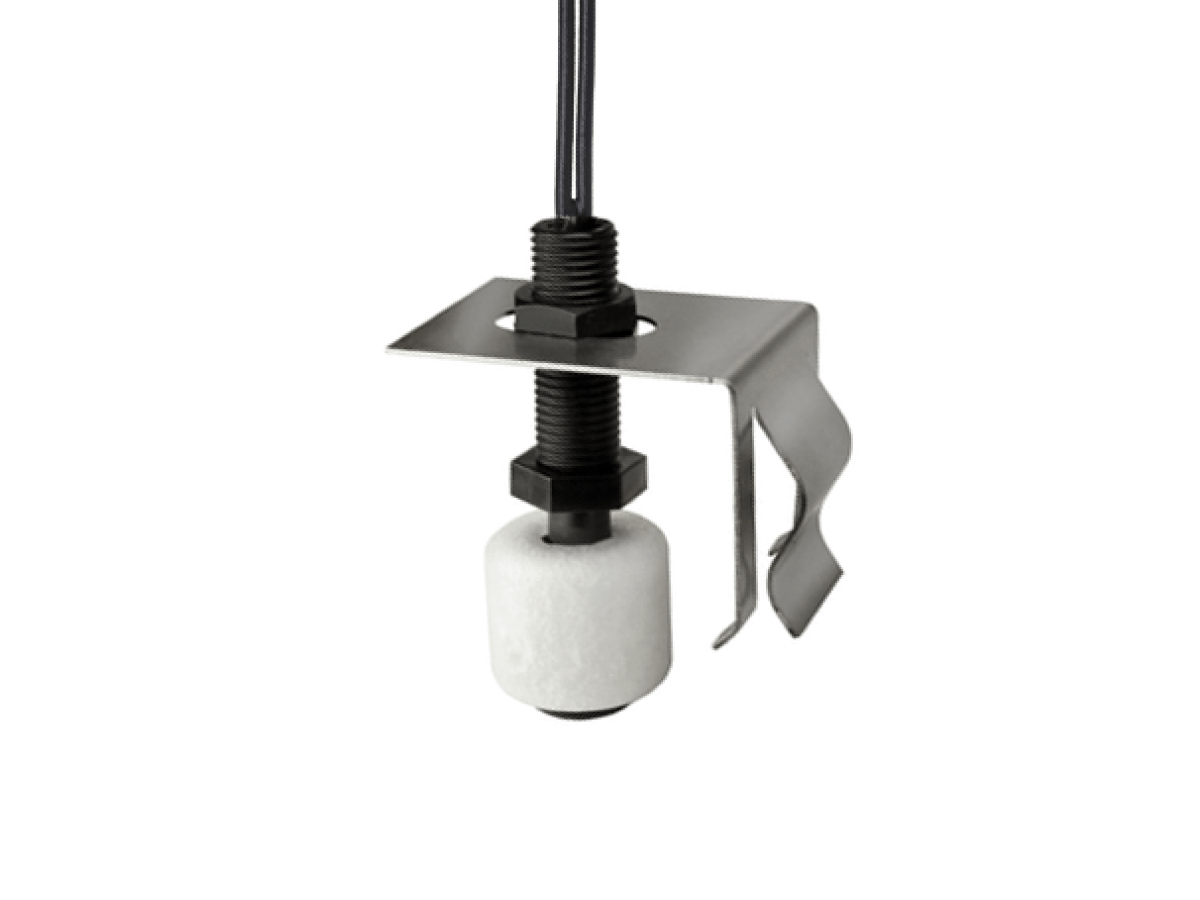 An FPS-B series liquid level sensor with a cylindrical white float is mounted on a metal bracket, with wires extending from the top for electrical connection—ideal for HVAC applications. by Standex Detect