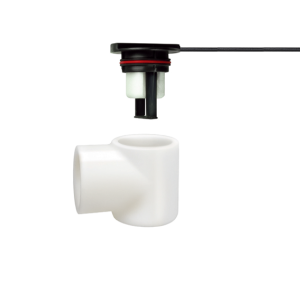A black and white Liquid Level Sensor with a wire, part of the FPS-L Series, is positioned above a white plastic pipe fitting shaped like a T, both set against a white background. by Standex Detect