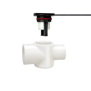 A white plastic pipe fitting with three horizontal and one vertical opening sits below an FPS-T Series Liquid Level Sensor attached to a wire, against a plain white background&mdash;ideal for precise HVAC monitoring applications. by Standex Detect