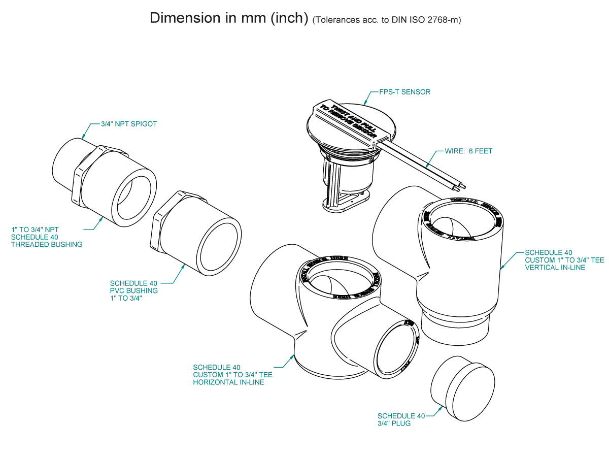 Exploded view diagram of a pipe fitting assembly with labeled components, featuring an FPS-T Series liquid level sensor with wire, PVC bushings, spigots, threaded bushings, plugs, and custom T-sockets for vertical and horizontal HVAC/R installation. by Standex Detect