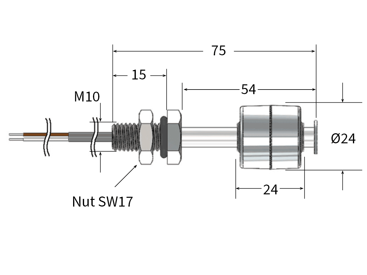 Technical drawing of the LS02-S Series Liquid Level Sensor, cylindrical with labeled dimensions: total length 75 mm, diameter 24 mm, main body 24 mm, threaded section M10, nut size SW17. Detailed measurements shown in millimeters. by Standex Detect