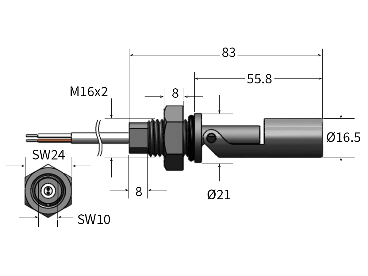 Technical drawing of an LS03 Series Liquid Level Sensor: cylindrical body, 83 mm length, 21 mm body diameter, 16.5 mm tip diameter, M16x2 thread, SW24 and SW10 hex sizes, with various 8 mm section lengths. by Standex Detect