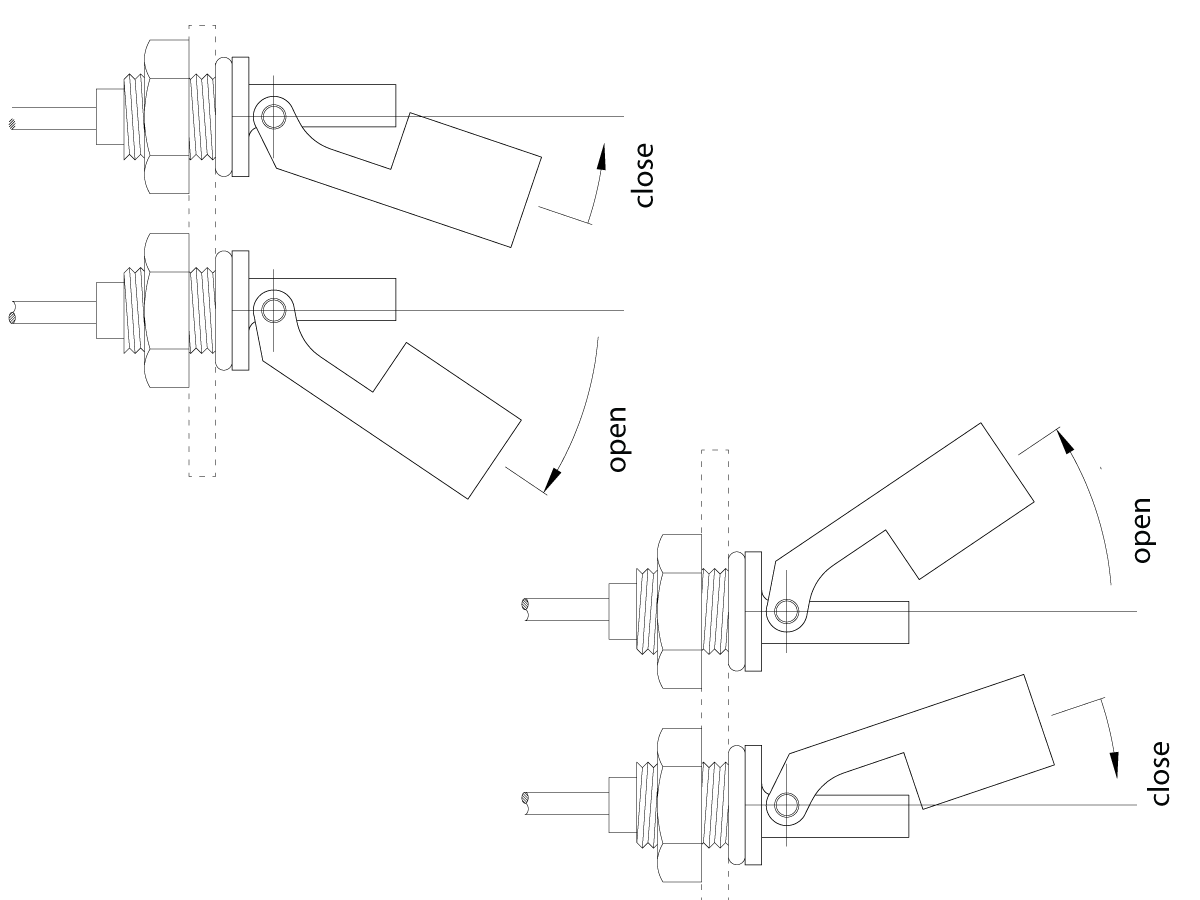 Line drawings of a mechanical lever with a float, shown in four positions. The LS03 Series Liquid Level Sensor uses floats to indicate “open” or “close” positions, with arrows labeling direction and state for each configuration. by Standex Detect