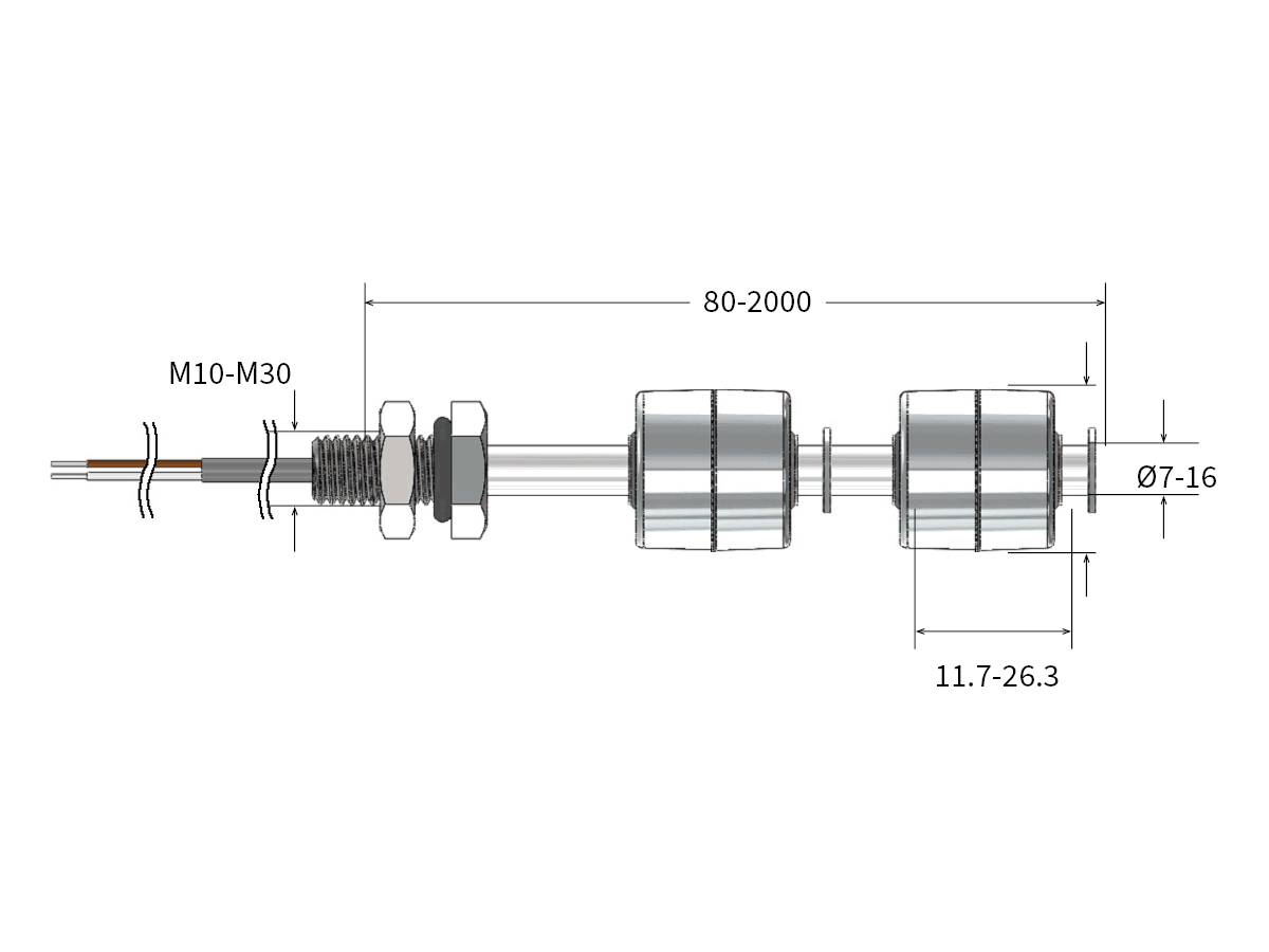 Technical drawing of an LS05 Series liquid level sensor assembly with labeled dimensions: length (80–2000 mm), diameter (7–16 mm), and threaded section (M10–M30). Two cylindrical floats are mounted on the rod. by Standex Detect
