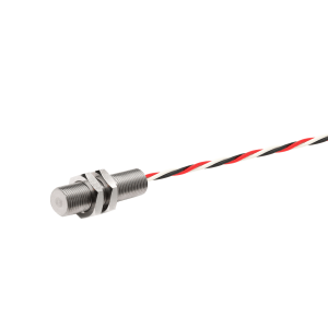 A cylindrical metal Gear Tooth Speed Sensor from the DSO Series with a threaded body and two nuts, attached to a twisted pair of black, red, and white wires, isolated on a white background. by Standex Detect
