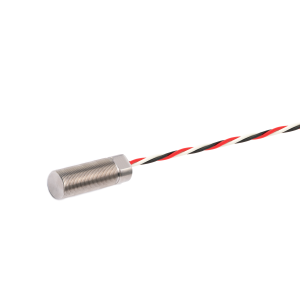 A cylindrical VPA Series Analog Ferrous Metal Proximity Sensor with a threaded body and two attached twisted wires&mdash;one red and black, the other white&mdash;extends from the sensor&rsquo;s end against a white background. by Standex Detect