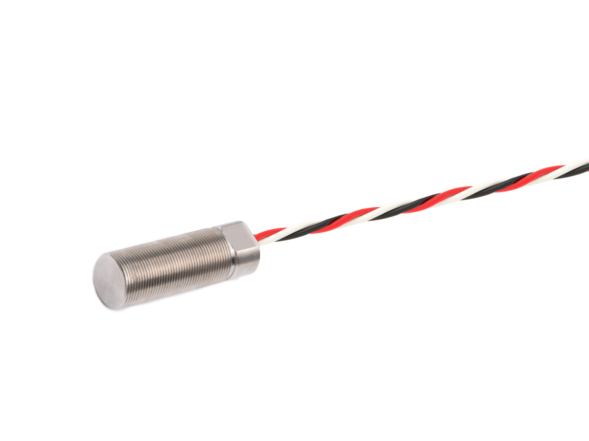 A VPD Series Ferrous Metal Proximity Sensor features a metal cylindrical, threaded body attached to twisted red, black, and white wires, isolated on a white background. by Standex Detect