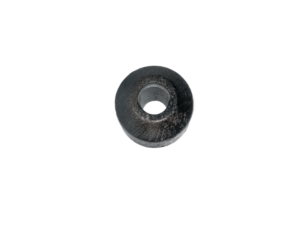A black, circular metal washer with a hole in the center, commonly used in Magnetic Float Switch assemblies such as the MS01-PA Series, placed on a white background. by Standex Detect