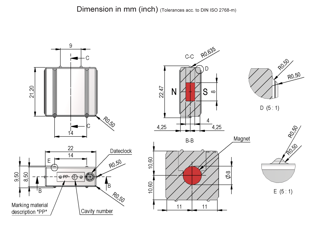 Technical engineering drawing showing detailed dimensions, cross-sections, and views of an MS06-PP Series Magnetic Float component, with measurements in millimeters, material description PPP, and section labels for part identification. by Standex Detect