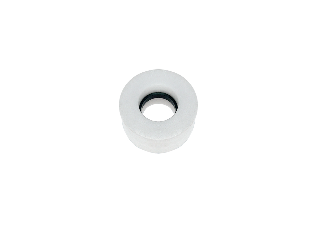 A single white skateboard wheel from the MS07-PA Series with a black inner core, viewed from above against a plain white background. by Standex Detect