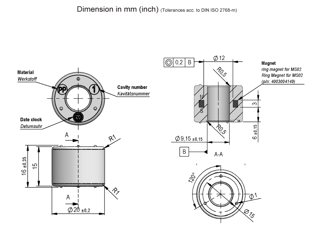 Technical drawing of a cylindrical Magnetic Float (MS08-PP Series) with detailed dimensions in millimeters, including front and side views, section view, and notes for cavity number, date clock, and tolerances per DIN ISO 2768-m. by Standex Detect