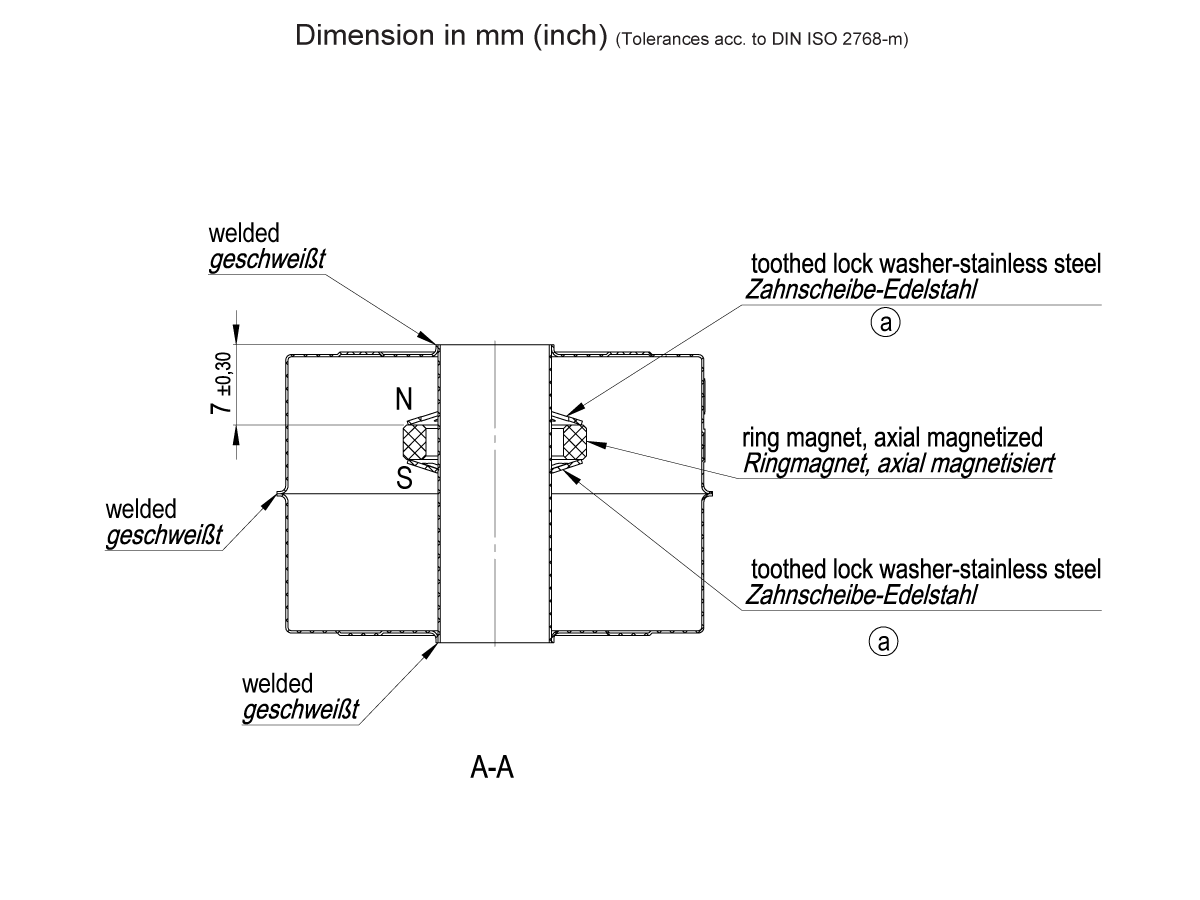 Technical drawing showing a side cross-section of a Magnetic Float Switch assembly with welded joints, a ring magnet (axially magnetized), and toothed lock washers on both ends. Labels indicate materials and magnet orientation (N-S). by Standex Detect