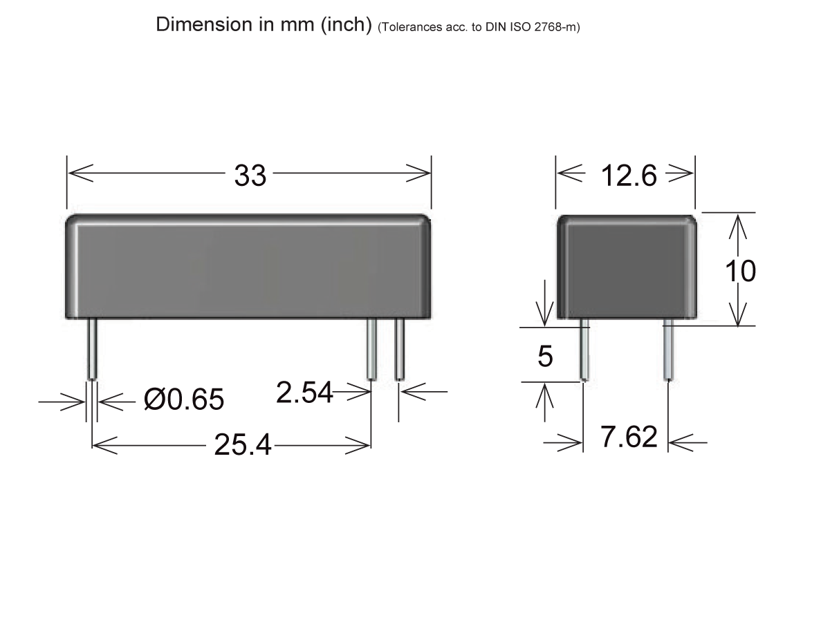 Rectangular electronic component from the 521 Series Optocouplers with two metal leads. Dimensions: length 33 mm, width 12.6 mm, height 10 mm, lead spacing 25.4 mm, lead diameter 0.65 mm, and pin spacing 7.62 mm. by Standex Detect