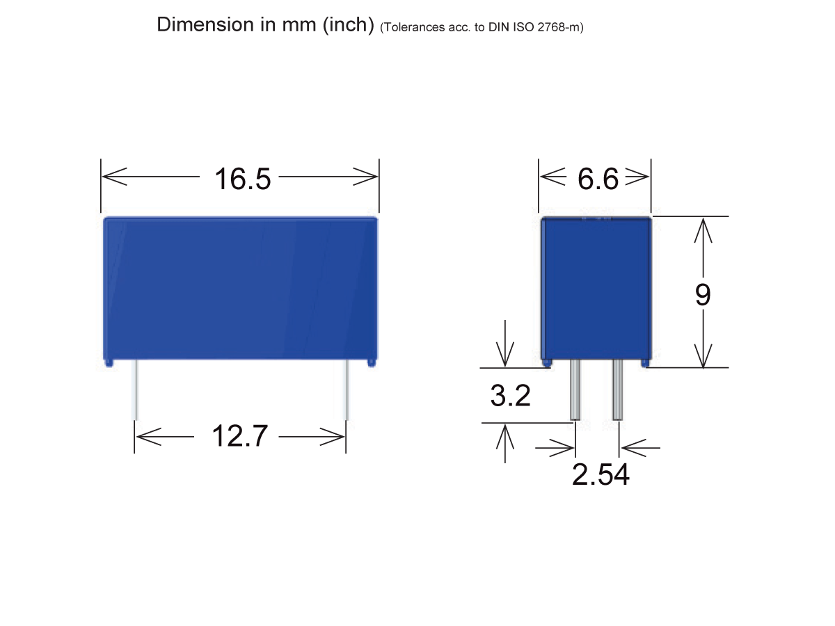 A blue rectangular 522 Series Optocoupler with labeled dimensions: 16.5 mm wide, 12.7 mm between pins, 6.6 mm thick, 9 mm tall, 3.2 mm from base to pins, and 2.54 mm between the two pins. by Standex Detect