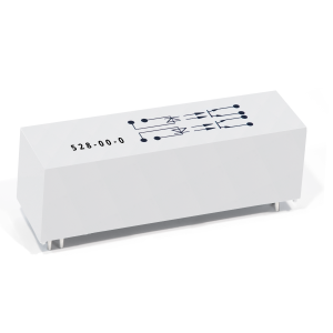 A white rectangular electronic component from the 528 Series Optocouplers, featuring circuit symbols and the code 528-00-0 on top. Four metal pins extend from the bottom for mounting on a circuit board. by Standex Detect