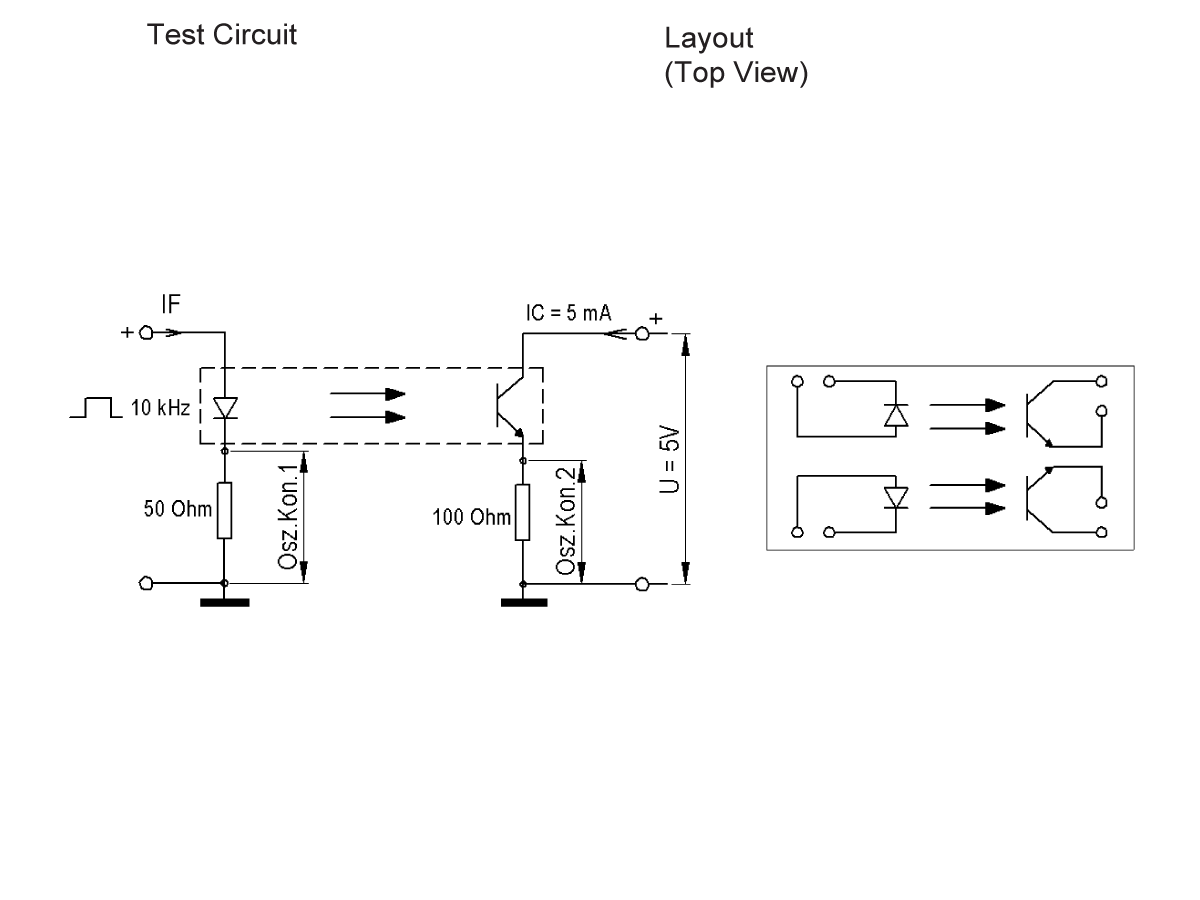 Diagram showing a test circuit with a 528 Series Optocouplers LED and phototransistor pair, resistors (50 Ohm, 100 Ohm), power source (5V), current (5mA), input frequency (10kHz), and a corresponding top view PCB layout. by Standex Detect