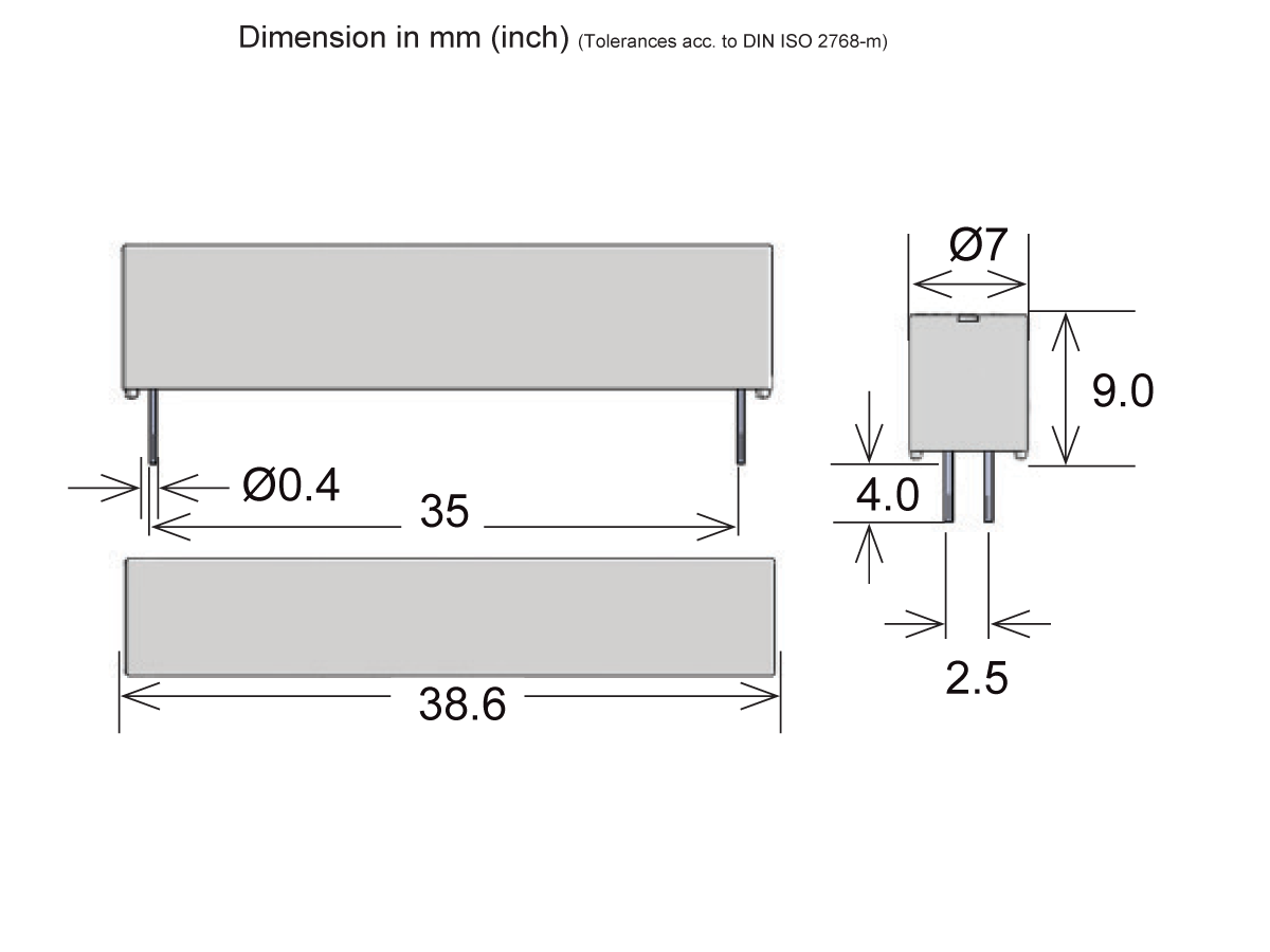 Technical drawing of a 530-70 Series optocoupler electronic component, showing front, side, and top views with dimensions: 38.6 mm wide, 9 mm tall, 7 mm deep; pin distances and diameters labeled in millimeters. by Standex Detect