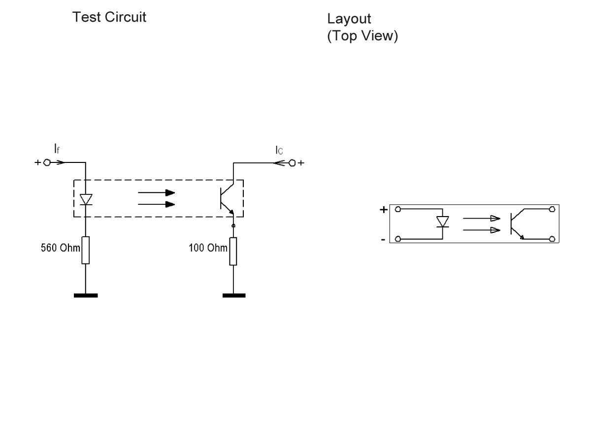 Diagram showing a test circuit with a diode, two resistors (560 Ohm, 100 Ohm), and 530-70 Series optocouplers connected to positive and negative terminals, plus a top-view layout of the corresponding component arrangement. by Standex Detect