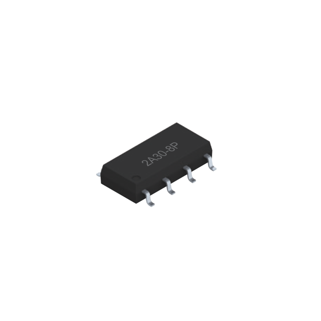 A black integrated circuit chip with eight silver pins, labeled 2430-8P, is shown on a white background—ideal for SMD applications such as Photo-MOSFET Relays. by Standex Detect