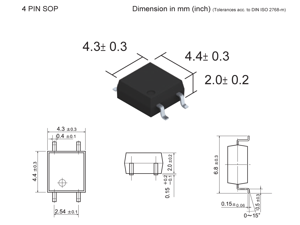4-pin SOP Photo-MOSFET Relay shown in 3D and technical drawings, with labeled dimensions: 4.3 ± 0.3 mm width, 4.4 ± 0.3 mm length, 2.0 ± 0.2 mm height, plus detailed pin spacing for SMP-23 package in millimeters. by Standex Detect