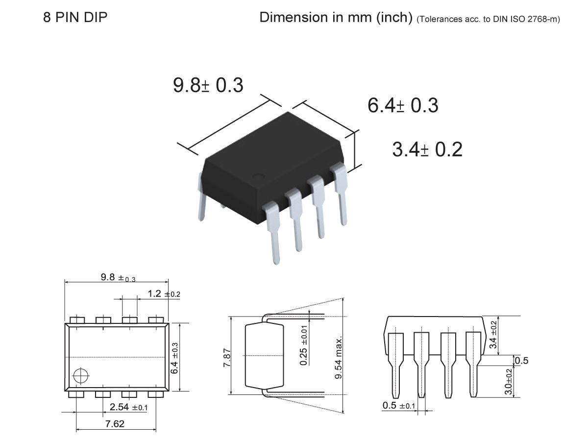 Technical diagram of an 8-pin DIP SMP-30 Photo-MOSFET Relay showing a 3D view and detailed dimensions in millimeters and inches, including top, side, and end views with labeled measurements and tolerances. by Standex Detect
