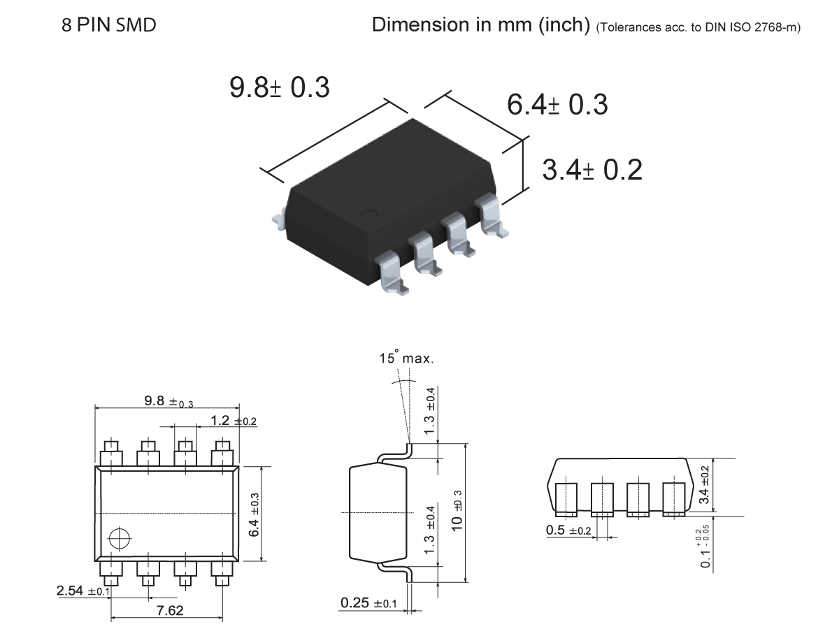 8-pin surface-mount device (SMD) IC, such as a MOSFET Relay in SMP-30 package, shown in 3D and 2D views with labeled dimensions in mm and inches, including pin spacing and package size. All dimensions include tolerance values. by Standex Detect