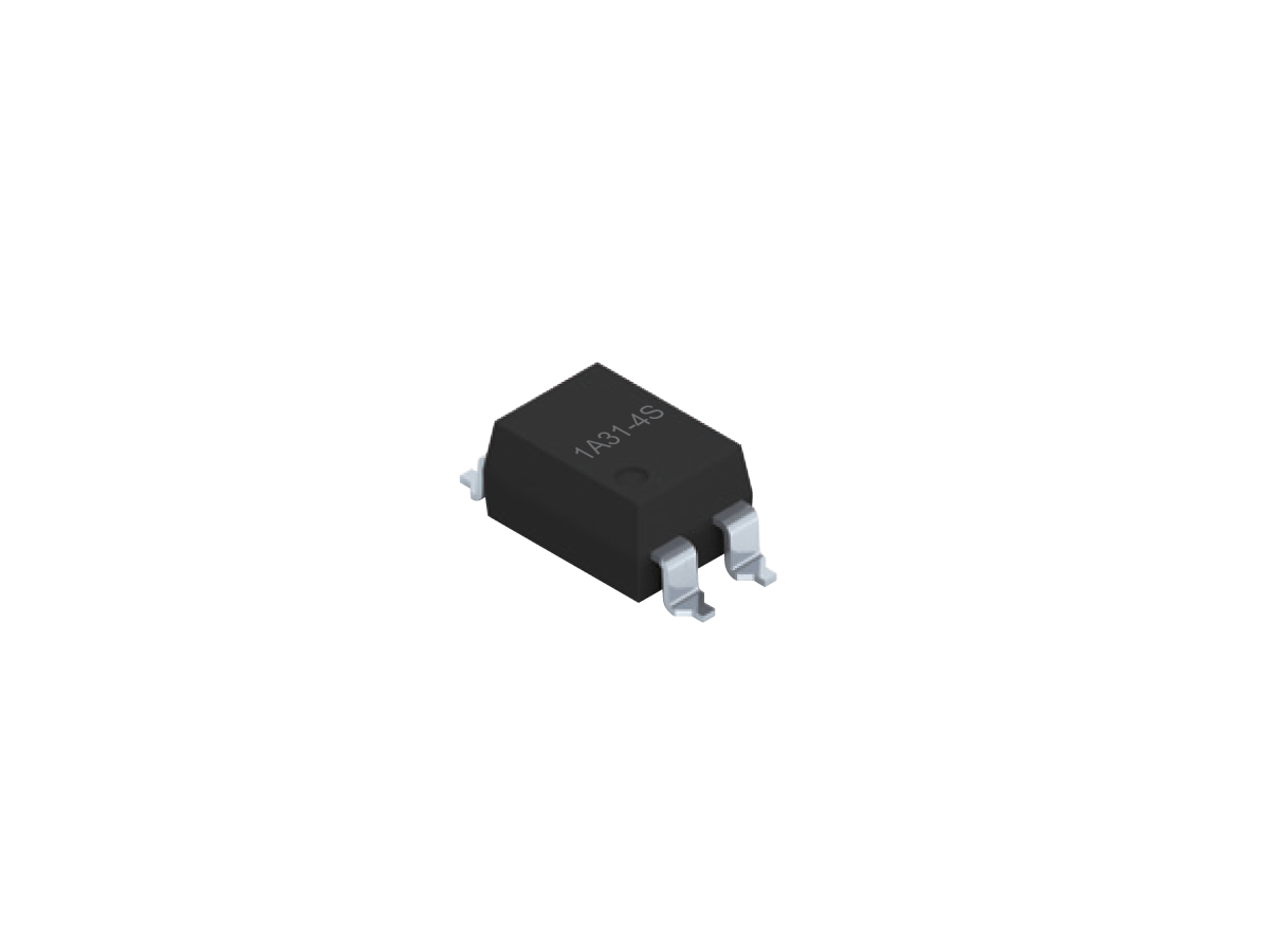 A small, black rectangular electronic component, likely a SMP-31 Photo-MOSFET Relay, with four metal legs—two on each side—rests on a white background. The top surface shows faint markings. by Standex Detect
