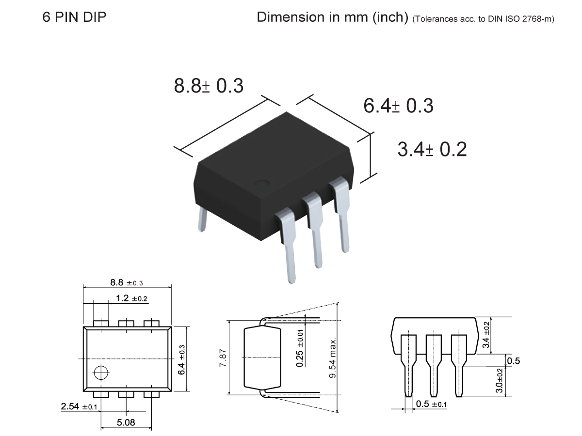 3D and technical drawings of the SMP-36 Photo-MOSFET Relay in a 6-pin DIP package with labeled dimensions: 8.8×6.4×3.4 mm. Dimension tolerances and pin placement details are shown in side, top, and front views. by Standex Detect