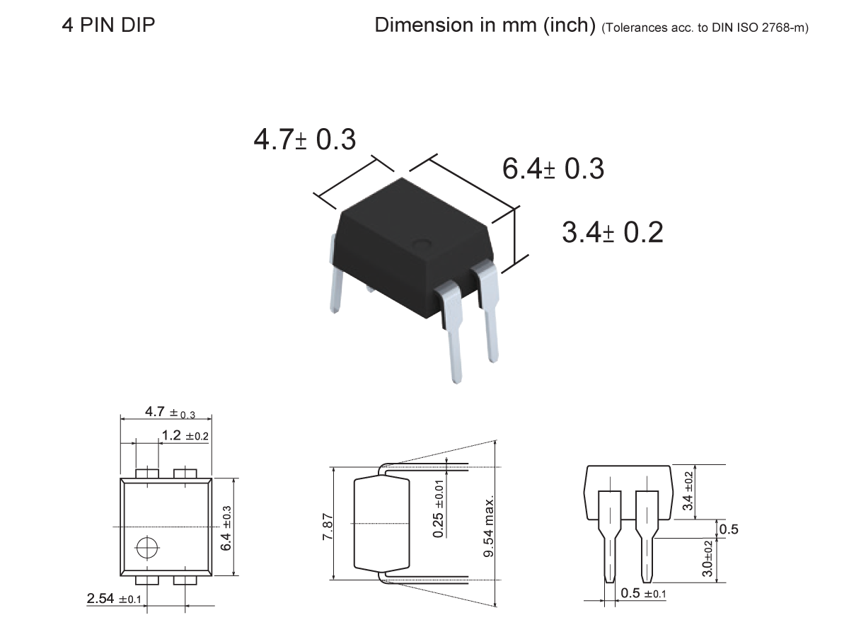 Technical drawing of a 4-pin DIP Photo-MOSFET Relay SMP-37 with perspective and orthographic views, showing dimensions: 4.7±0.3 mm wide, 6.4±0.3 mm long, 3.4±0.2 mm high, and labeled tolerances. by Standex Detect