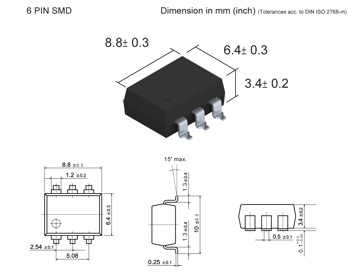 6-pin SMD Photo-MOSFET Relay (SMP-40) shown with top and side views; dimensions in mm: 8.8 x 6.4 x 3.4. Includes pin spacing, heights, a 3D illustration, and detailed technical drawings. by Standex Detect