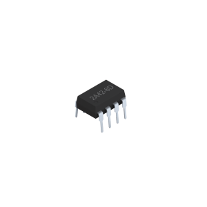 A black integrated circuit chip with eight metal pins, labeled 24C2-8D, shown on a white background—ideal for SMP-42 or Photo-MOSFET Relay applications. by Standex Detect