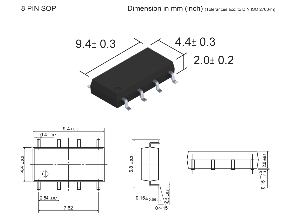 8-pin SOP integrated circuit, such as the SMP-45 Photo-MOSFET Relay, with labeled pins and dimensions: 9.4 ± 0.3 mm length, 4.4 ± 0.3 mm width, 2.0 ± 0.2 mm height. Includes top, front, and side technical drawings with measurements. by Standex Detect