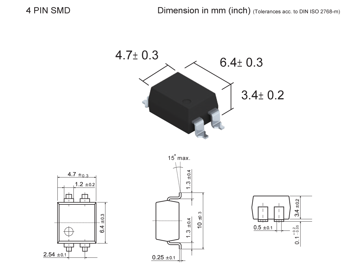 Technical drawing and 3D view of the SMP-74 Photo-MOSFET Relay, a 4-pin SMD component with labeled dimensions: 4.7 x 6.4 x 3.4 mm. Includes front, side, and top views showing measurements and pin configuration. by Standex Detect