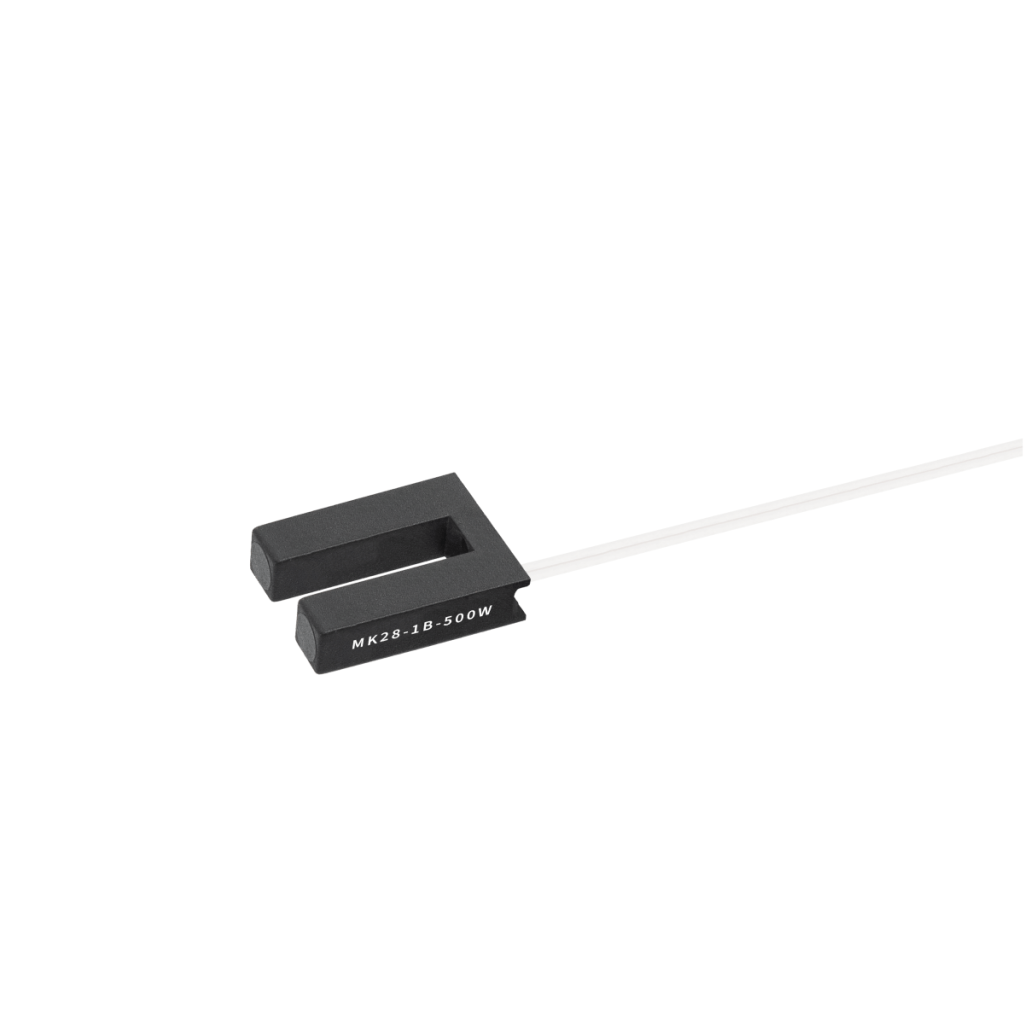 A black U-shaped Reed Position Sensor with a white cable attached, labeled MK28-1B-500W, isolated on a white background. by Standex Detect