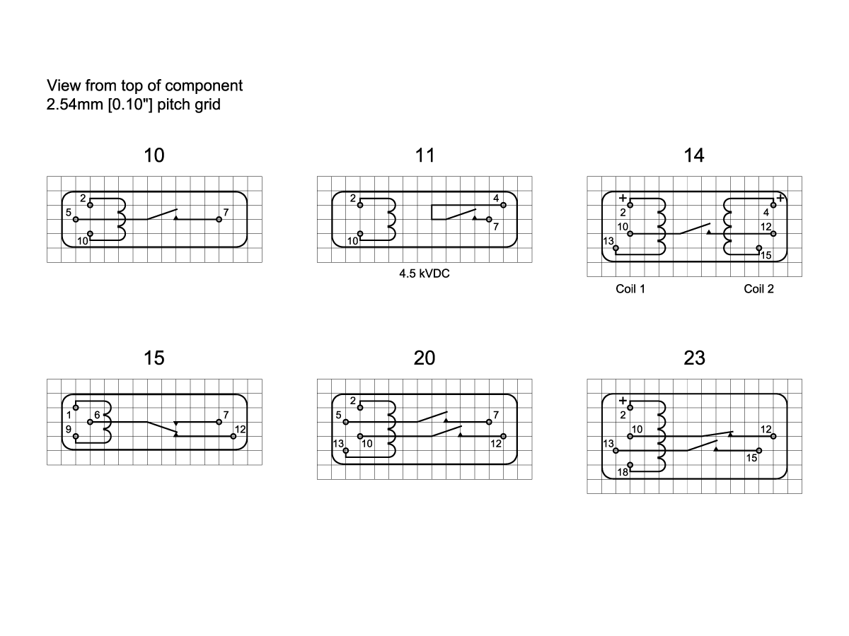 Diagram showing top views of six BE Series Reed Relay components with pin numbers and winding paths, each on a 2.54mm pitch grid. The components are labeled 10, 11, 14, 15, 20, and 23, with notes for coils and voltage. by Standex Detect