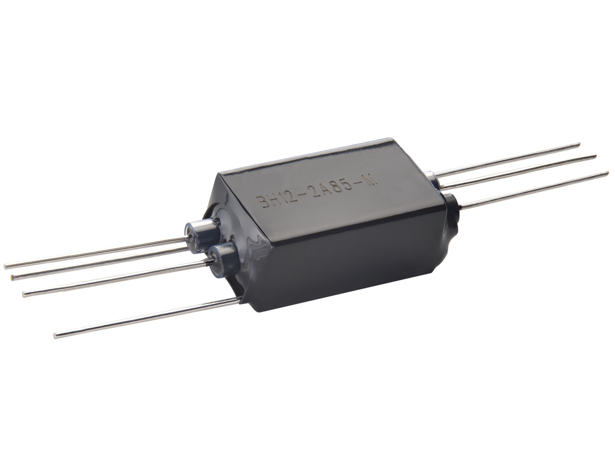 A black rectangular BH Series Reed Relay electronic component with six metal leads extending outward, three on each side. The casing has alphanumeric markings printed on top. by Standex Detect