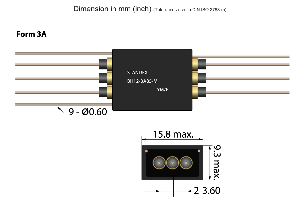 Diagram of a STANDEX BH12-3A85-M Reed Relay from the BH Series with labeled dimensions: length 15.8 mm max, height 9.3 mm max, pin spacing 2-3.60 mm, and pin diameter 0.60 mm, shown in top and side views. by Standex Detect