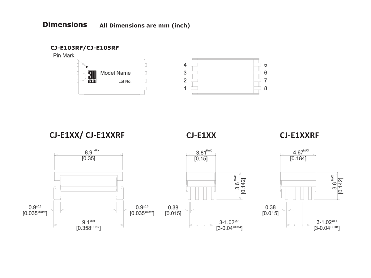 Technical diagram showing the dimensions and pin configurations for CJ-E103RF, CJ-E105RF, and other C Series Reed Relay components, with measurements provided in both millimeters and inches. by Standex Detect