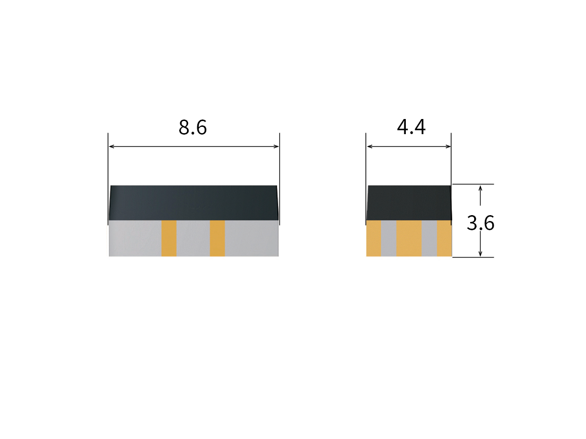 Diagram showing two views of a rectangular electronic component from the CRF Series with gold contacts; dimensions are labeled as 8.6 units wide on the front view and 4.4 by 3.6 units on the side view. by Standex Detect