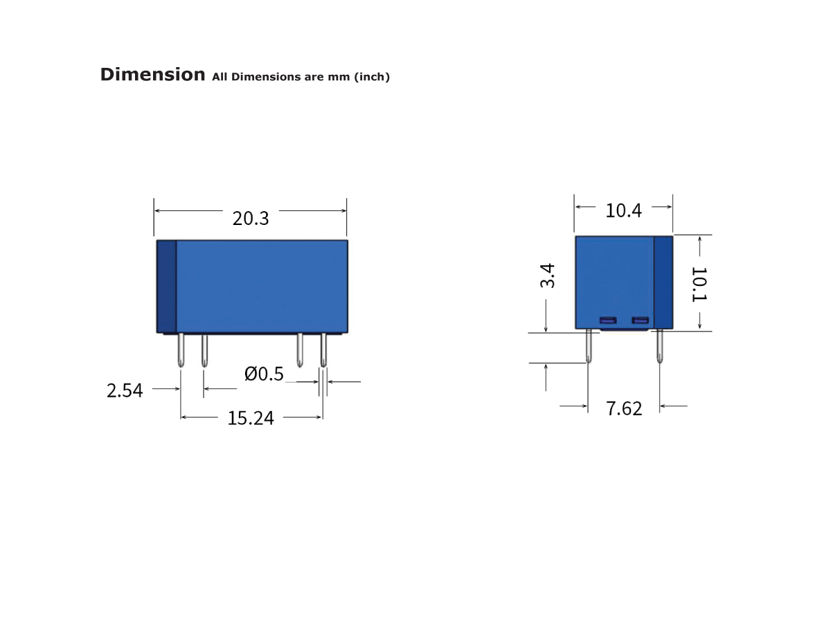 Technical drawing of a blue rectangular DIL Reed Relay with dimensions: 20.3mm x 10.1mm x 15.24mm, pin spacing 2.54mm and 7.62mm, and pin diameter 0.5mm. All measurements are in millimeters. by Standex Detect
