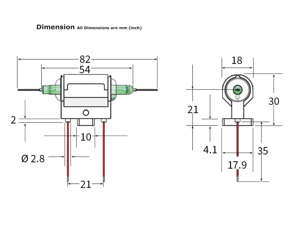 Technical drawing of an H Series Reed Relay electronic component with detailed dimensions in millimeters, showing front and side views. Key measurements include width 82 mm, height 54 mm, and depth 21 mm. by Standex Detect