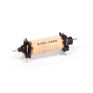 A cylindrical electronic component, the HI Series Reed Relay, features a copper wire coil, black plastic ends, metal pins on both sides, and the label H105-1A66 printed on it, isolated on a white background. by Standex Detect