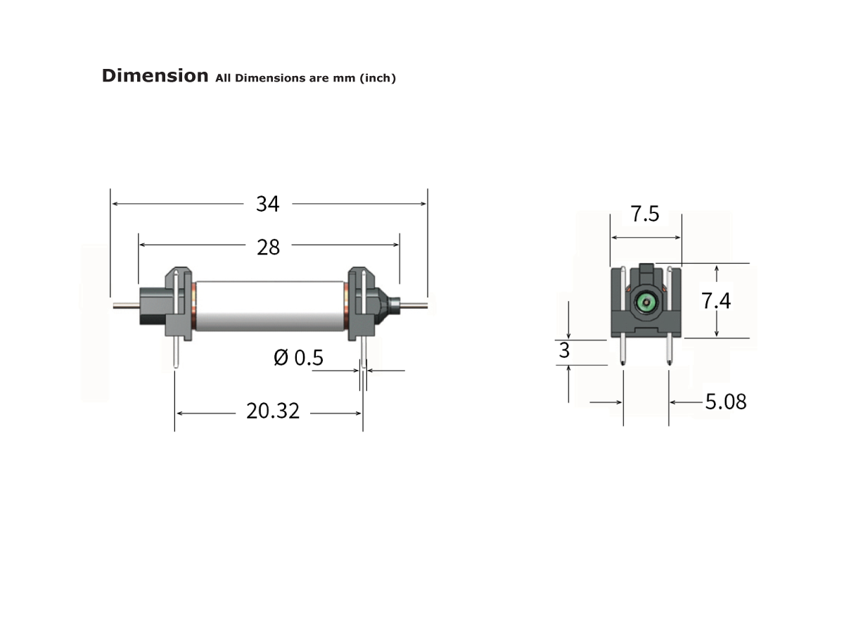 Technical drawing of a cylindrical component with end mounts, such as a HI Series Reed Relay, showing front and side views. Key dimensions are labeled in millimeters and inches, including lengths, diameters, and distances between features. by Standex Detect