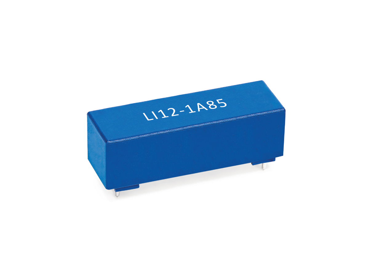 A blue rectangular Reed Relay from the LI Series with the label L112-1A85 on top, featuring four metal pins at the bottom, isolated on a white background. by Standex Detect