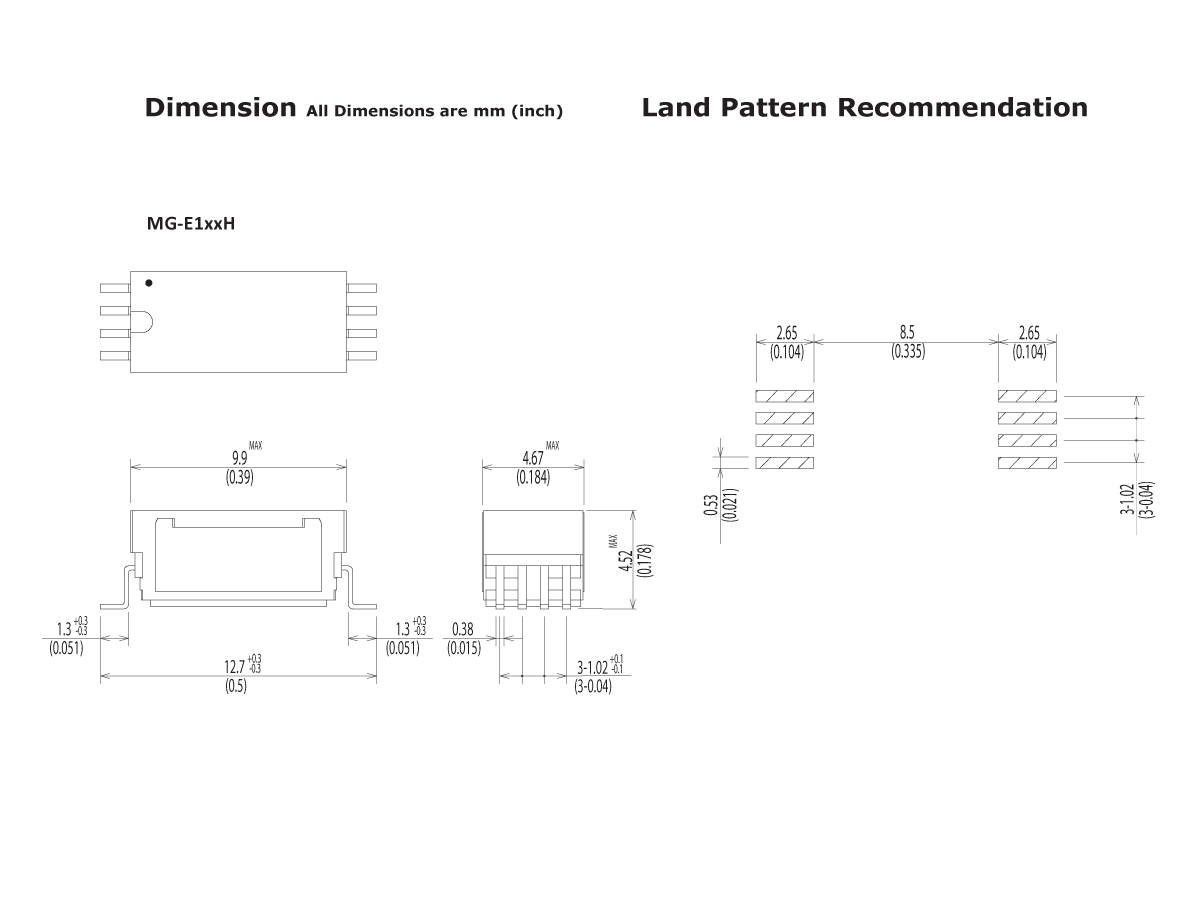 Technical drawing of the M Series Reed Relay (MG-E1xxH) showing top, side, and front views with detailed dimensions in millimeters and inches, plus a recommended PCB land pattern with precise pad measurements. by Standex Detect