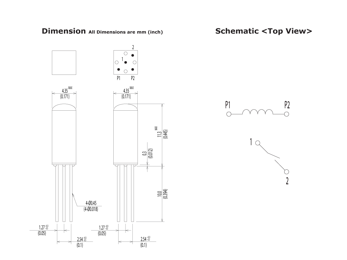 Technical drawing showing dimensions and top view schematic of an MF Series Reed Relay with two pins (P1, P2). Includes diagrams of the component outline, pin layout, and a simple symbol for an inductor or coil. by Standex Detect