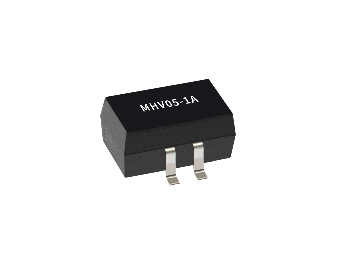 A small black electronic component from the MHV Series, this Reed Relay features three silver pins and is labeled MHV05-1A on its top surface, shown against a white background. by Standex Detect